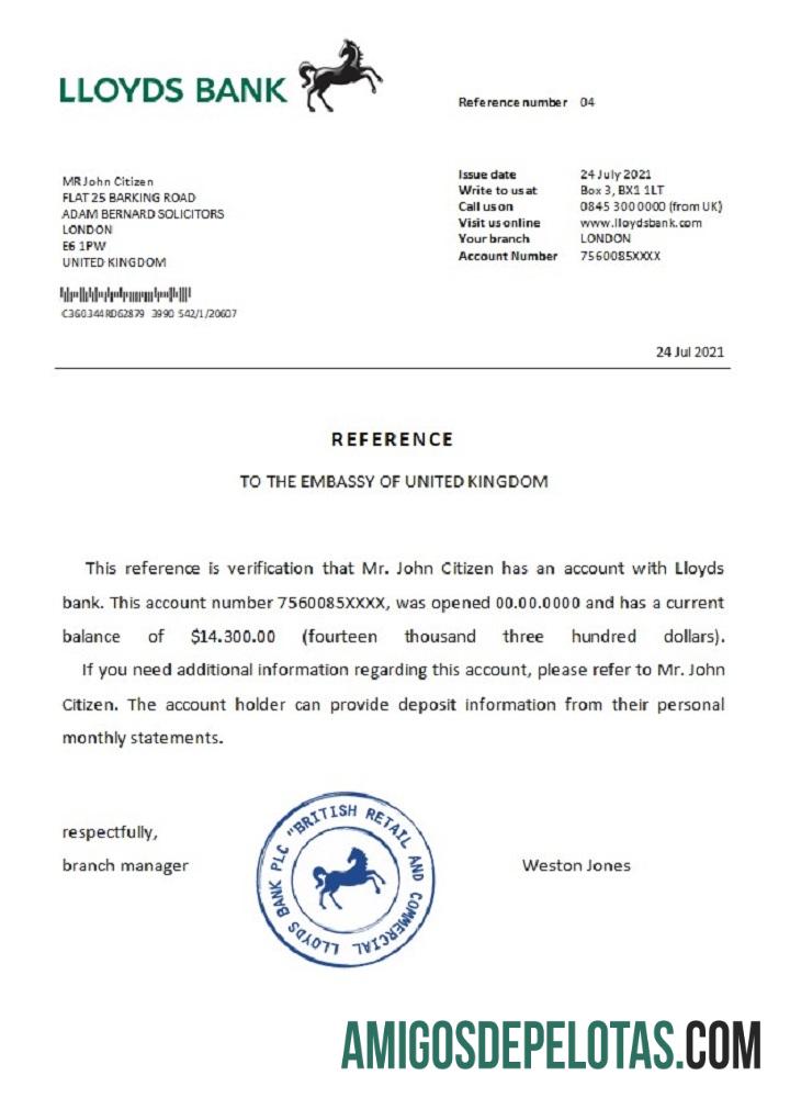 Referência do Lloyds Bank do Reino Unido exemplo real